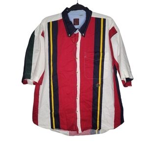 Vintage 90s Ruff Hewn Striped Colorblock Button Up Short Sleeve Shirt Size XL